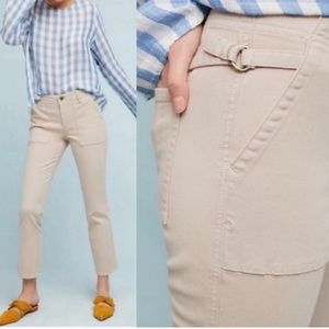 By Anthropologie Women’s Mid Rise Cropped Tan Side Buckle Utility Pants Sz 28